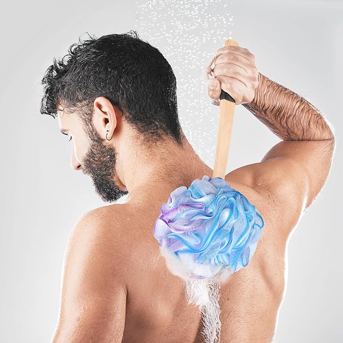 Loofah on a Stick PE Soft Mesh Luffa with Non-Slip Wooden Handle Made of Soft and Sturdy Rubber Material Back Scrubber for Shower for Women and Men with String for Easy Hanging(Purple Blue White)