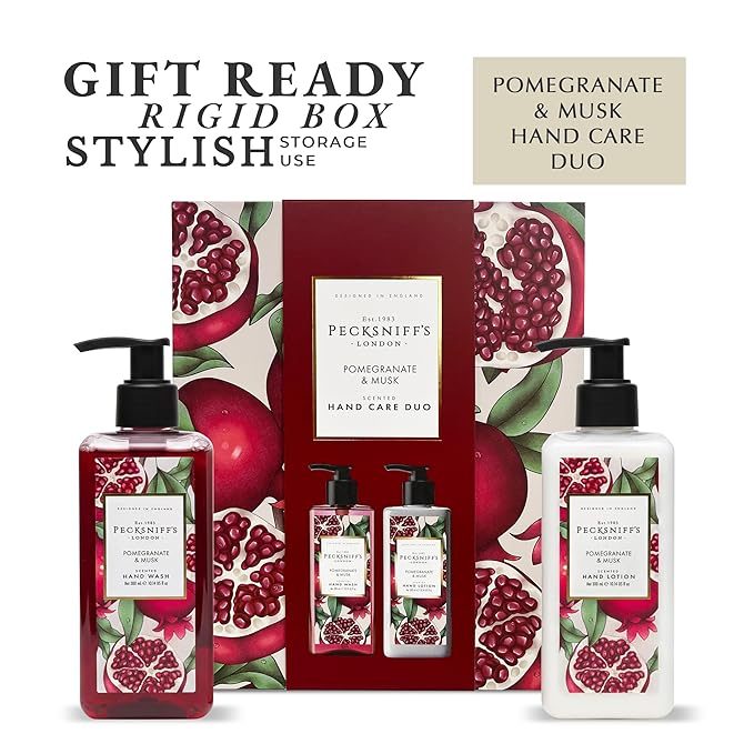 Pecksniffs Moisturizing Hand Wash and Hand & Body Lotion Caddy Set - Enchanted Winter Hand Care Duo, Pomegranate & Musk, Hard Box