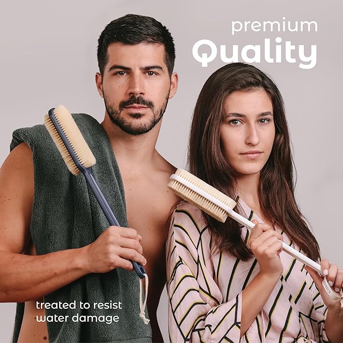 MainBasics Back Scrubber for Shower – Long Handle Dual-Sided Brush for Body Wash & Scrubbing with Exfoliating & Soft Bristles (Ultramarine, Plastic)