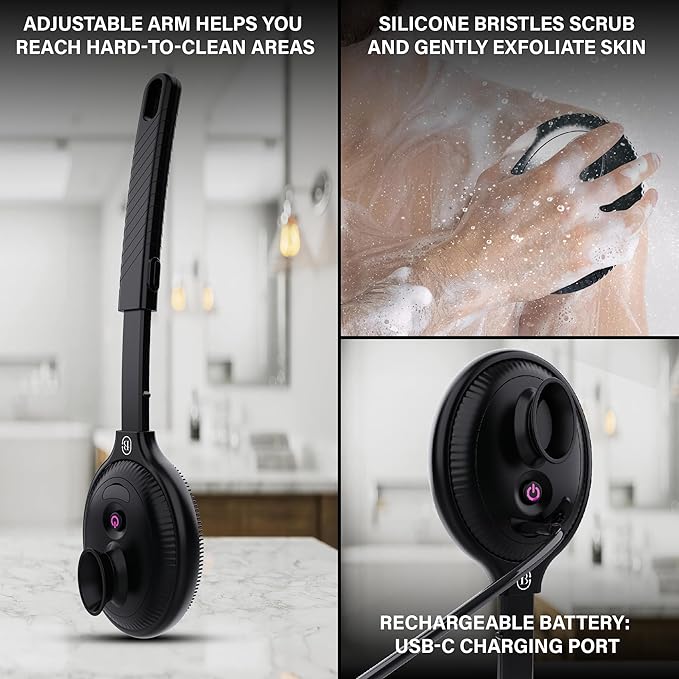 Bella Ciao Electric Back Scrubber for Shower & Face – Vibrating Silicone Body Brush, Exfoliating Loofah Cleaner with Extendable Handle, USB-C Rechargeable, IPX7 Waterproof Men’s Bath Massager (Black)