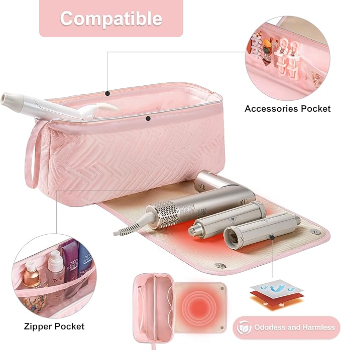 Leudes Hair Tools Travel Bag for Women Heat Resistant Mat for Travel Essentials Hot Tools Straighteners,Flat Irons,Curling Iron,Hot Air Brushes and Hair Dryer Organizer Bags 2 in 1(Pink)