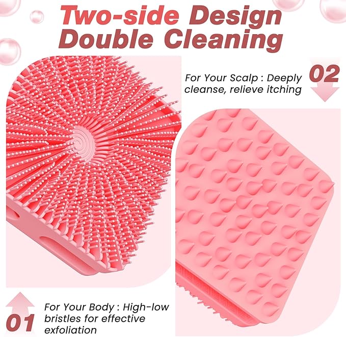 Manmihealth Dual-Sided Silicone Body Scrubber Scalp Massager & African Bath Sponge Net Set, 2-in-1 Silicone Shower Shampoo Brush Africa Wash Net Combination, Lather Well, Strong Exfoliating (Pink)