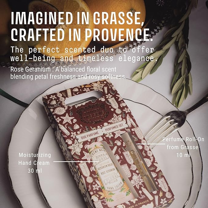 Panier des Sens - Geranium Rose Gift Duo Set - Hydrating Hand Cream 96% Natural Ingredients & Roll‑On Eau de Toilette - Vegan & Made in France - Holiday Edition - Travel Size 1.7 Fl Oz + 0.3 Fl Oz