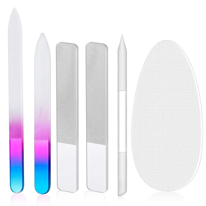 Zhehao 6 Pcs Glass Nail File and Nail Shiner Set Manicure Pedicure Glass File Buffer Cuticle Trimmer Nano Finger Nano Foot Scrubber Callus Remover Foot Care Pedicure Fingernails Toenail (Rose Red)