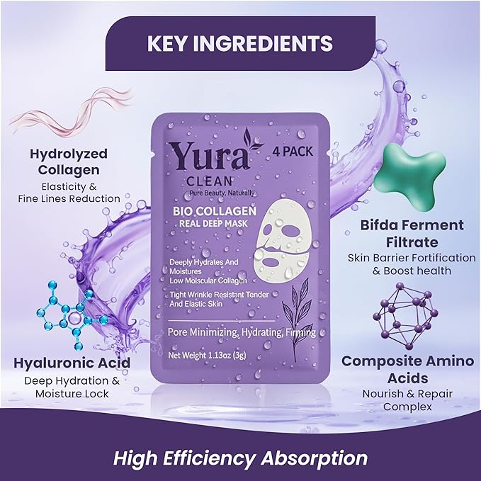 Yura Clean Collagen Face Mask – Korean Overnight Bio-Collagen Sheet Mask for Glowing, Hydrated & Firm Skin – Anti-Aging, Moisturizing & Skin Rejuvenation – 4 Pack – Ideal Holiday Gift for Women