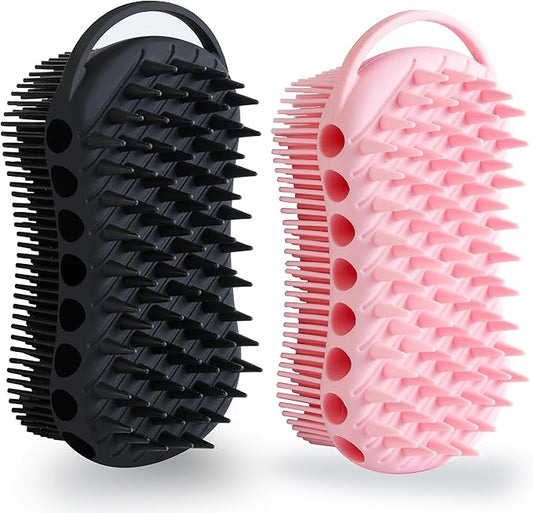 MtBoi 2PC Double-Sided Exfoliating Silicone Body Scrubber, 2-in-1 Bath Scrubber, Shampoo Brush, Silicone Loofah for All Skin Types, Shower Body Scrubber, Easy to Clean, Lather Well (Black&Pink)