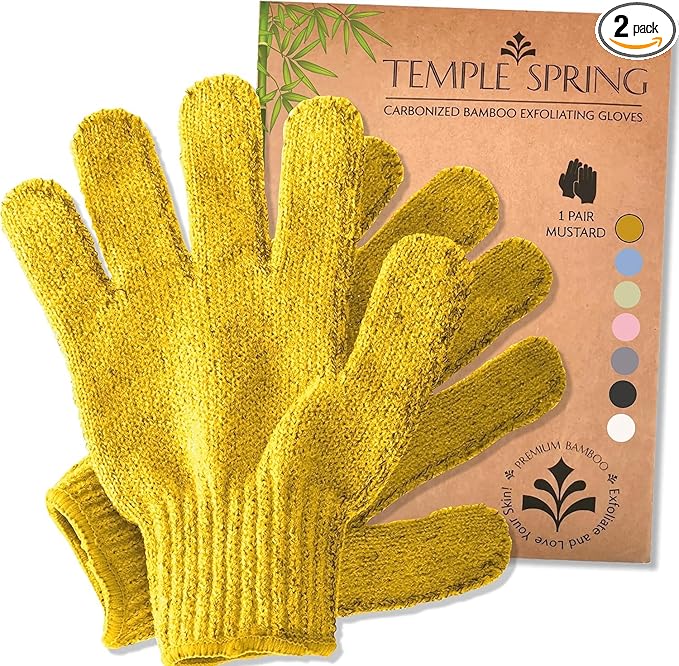 Temple Spring Exfoliating Glove, Rayon Bamboo Exfoliating Body Scrubber, Loofah Washcloth, Exfoliate Loofa Shower Scrubber, Body Exfoliator Scrub, Shower Loofah Bath Sponge –Mustard Yellow