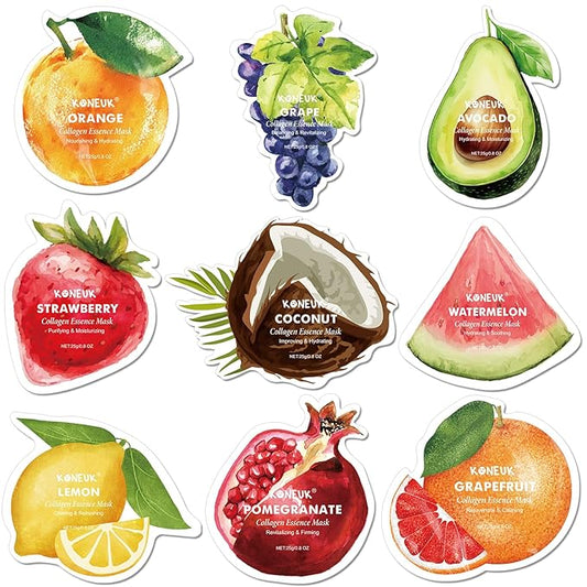 9 Pack Fruit Shaped Face Masks Skincare for Women, Collagen Hydrating Sheet Face Mask for Christmas Gifts, Bulk Facial Masks for Spa Party Gifts and Stocking Stuffers