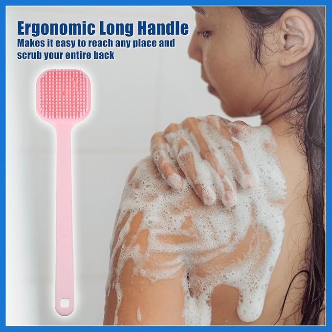 Soft Silicone Bath Brush, Non-Slip Back Scrubber Shower with Long Handle for Men and Women, Pink Routine