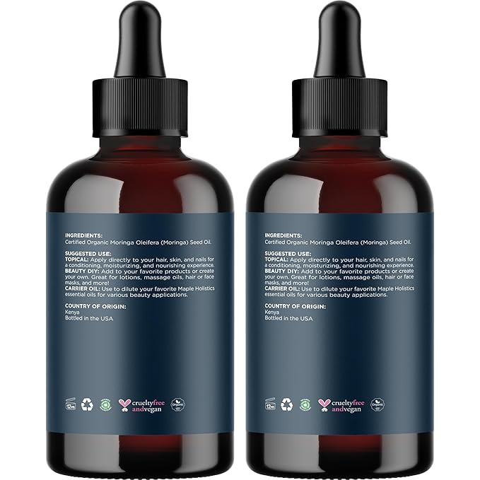 Organic Moringa Oil for Hair and Skin - Cold Pressed Virgin Unrefined Natural Pure USDA Organic Hair Oil for Dry Damaged Hair and Ultra Hydrating Face Oil - Carrier Oil for Essential Oils (2 Pack)