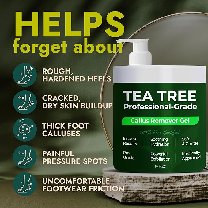 Foot Callus Remover Gel | Extra Strength Callus Remover for Feet with Tea Tree Oil | Professional-Grade Pedicure Treatment | 50 Applications per Bottle, Includes 3 Pumice Stones | 14 fl oz