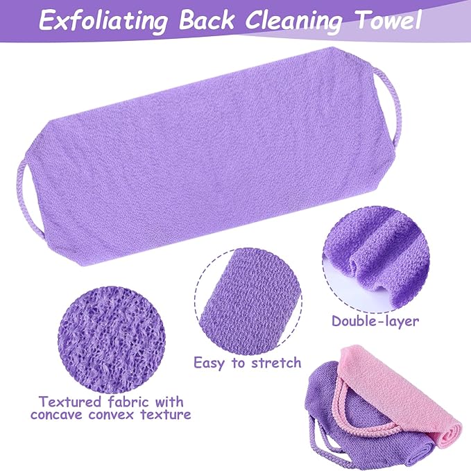 Exfoliating Shower Towel, 3 Pcs Double-Sided Back Exfoliator Body Scrub Towel, Nylon Scrubber with Handles, Stretchable Back Washer for Shower for Women Men(Green, Pink, Purple)