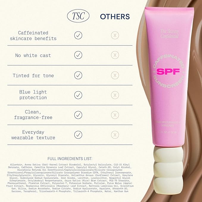 The Skinny Confidential Tinted Sunscreen, SPF 40 - Fragrance Free Face Moisturizer with No White Cast - Non-Greasy & Lightweight Caffeinated Mineral Sunscreen Lotion with Zinc Oxide & Titanium Dioxide