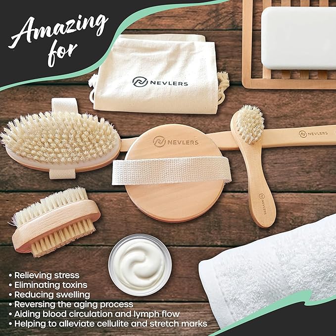 Nevlers Natural Boar Bristle Dry Brush for Body Massage 5-Piece Set | Detachable Long Wooden Handled Back Scrubber for Shower, Body Scrubber Exfoliator, Face Brush, Manicure Tool & Cloth Travel Bag