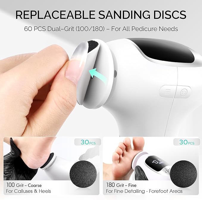 L'UGX Electric Foot Callus Removers –Powerful 8N·cm Torque Professional Pedicure Foot File, 3-Speed Settings, LCD Display, 60pcs Sandpaper Discs, Type-C Rechargeable, Ergonomic Handle-White