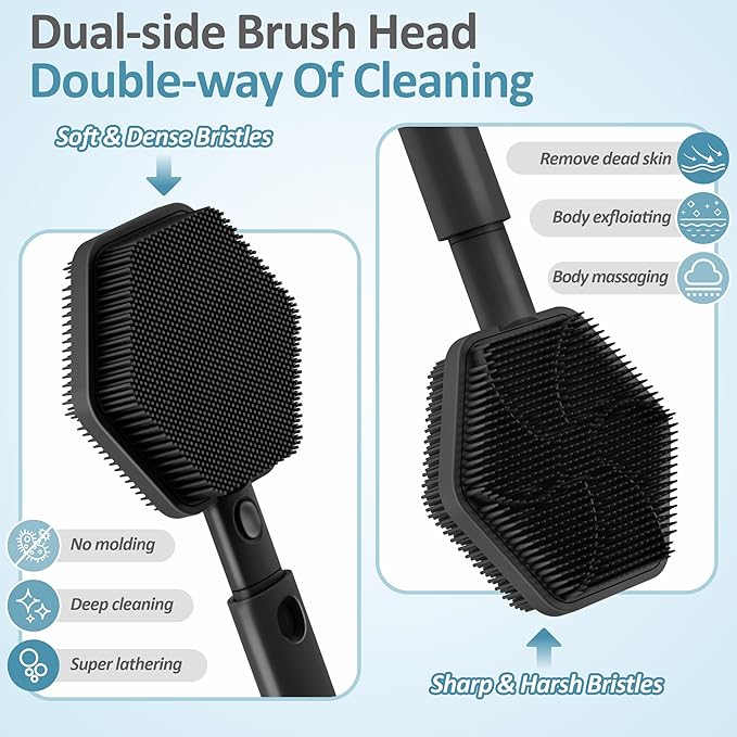 Silicone Back Scrubber & Soft Bath Glove 2PCS, 16''- 21''Extendable Back Scrubber with Dual-Side Large Head, 360° Anti-Slip Hand-fit Silicone Body Scrubber for Rich Foaming Deep Cleaning(Black)