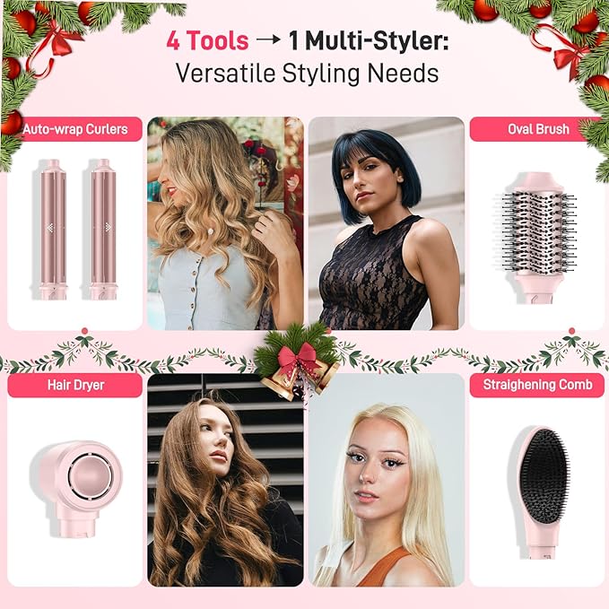 Dual Voltage Hot Air Styler Wrap - 5 in 1 Hair Dryer Brush with Fast Drying Blow Dryer, Styling, Straightening & Volumizing with Travel Bag (100V–240V) Gift for Women
