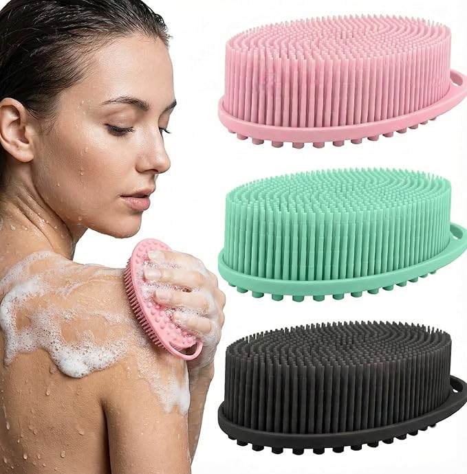 Silicone Body Scrubber 3-Pack – 2-in-1 Shower Exfoliating Brush with Handle, Gentle & Durable Loofah Alternative – Black, Green, Pink