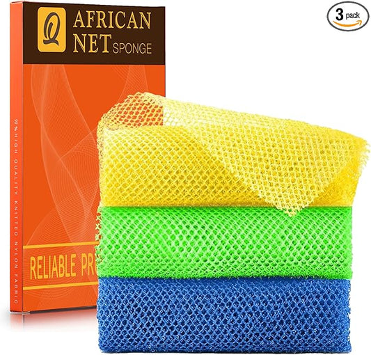 UJFQBH 3 Pieces African exfoliating net African Net Long Net Bath Sponge Exfoliating Shower Body Scrubber Back Scrubber Skin Smoother,Great for Daily Use (Yellow, Green, Blue)