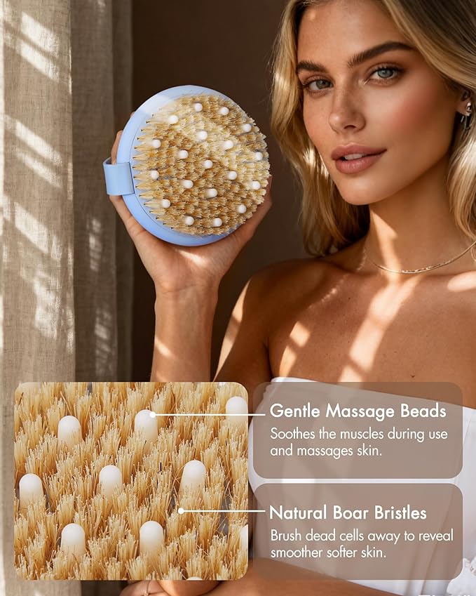 Dry Brushing Body Brush for Massage - Natural Boar Bristle Exfoliating Brush with Massage Nodes for Lymphatic Drainage, Cellulite, Blood Circulation Improving Skin Health for Women Men Elderly(Blue)