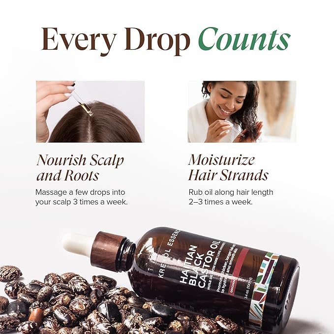 Kreyol Essence - Haitian Black Castor Oil for Skin and Hair, Glass Bottle - Fuller-Looking Hair, Pure, Hexane Free, Cold Pressed, Natural Humectant