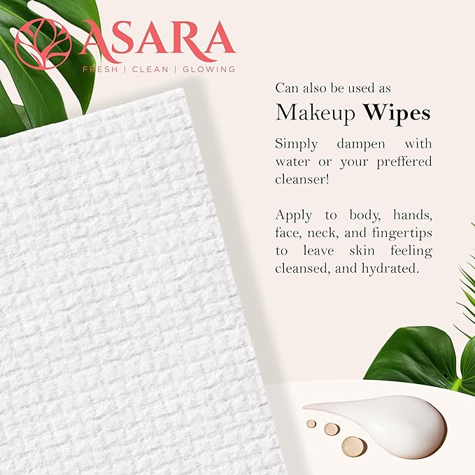 Asara Disposable Face Towel XL Facial Wipes | Organic Vegan Biodegradable | Add Water As a Makeup Remover | Sensitive Skin Face Towels - Clean Daily Towelettes (100 Count)