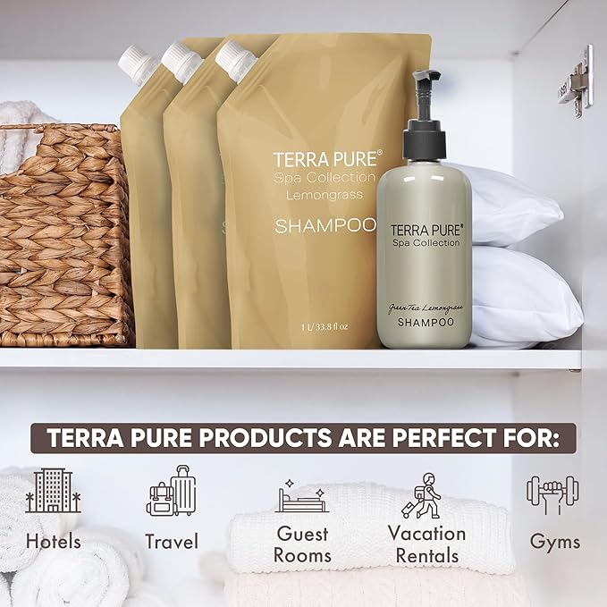 Terra Pure Spa Collection 1 Liter Shampoo Refill Bag For Soap Dispensers | Bulk Toiletries for Vacation Rentals, and Home Bathroom Showers | Green Tea Lemongrass | Set of 12