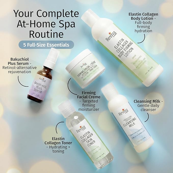 Reviva Labs Spa at Home – 5-Piece Skincare Gift Set for Women – featuring Gentle Facial Cleanser, Toner, Plumping Serum, Firming Cream & Collagen Body Lotion for Winter Skin Care