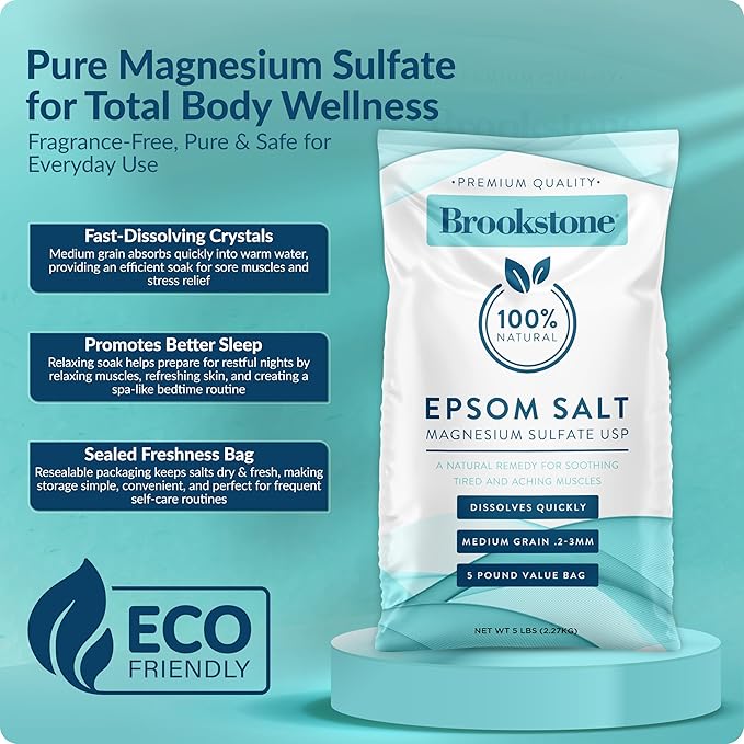 Brookstone 5 lb Epsom Salt Bulk Bag - Premium Magnesium Sulfate USP, Medium Grain Unscented Bath Soak Salt - Pure Epsom Salt for Bath, Foot Soak, Muscle Relief, Stress Relief & Skin Care