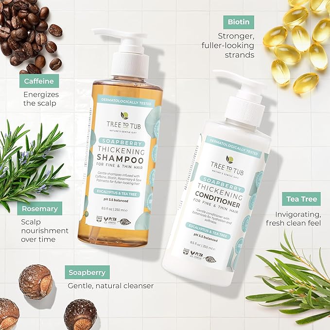 Tree To Tub Volumizing Biotin Shampoo and Conditioner Set - Activating Caffeine for Fuller Hair, Thickening Shampoo and Conditioner for Women & Men, Sulfate Free w/Natural Soapberry Organic Argan Oil