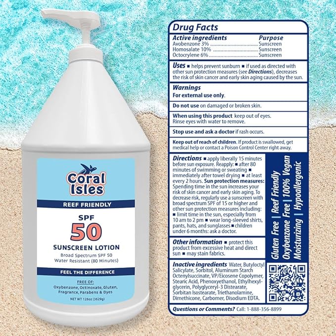 Coral Isles by Rocky Mountain Sunscreen | SPF 50 Lotion | Broad Spectrum UVA/UVB Protection | Hawaii Reef-Safe Act Compliant | Oxybenzone & Octinoxate Free | Water Resistant 80 Min. | 128 Fl Oz
