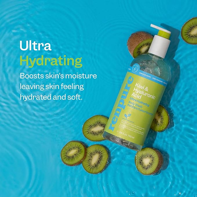 Renpure Kiwi and Hyaluronic Acid Ultra Hydrating Body Wash - Leaves Skin Moisturized - Rids Skin of Daily Grime - Gentle Formula - Dye and Paraben Free - Recyclable, Pump Bottle Design - 24 fl oz