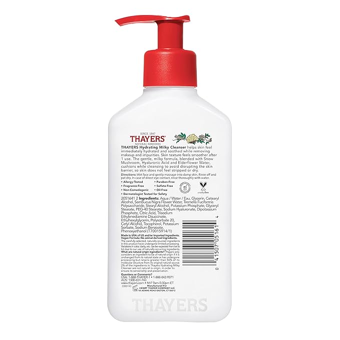 THAYERS Milky Hydrating Face Cleanser with Snow Mushroom Tremella and Hyaluronic Acid, Dermatologist Recommended Gentle Facial Wash, Hydrating Skincare for Dry, Sensitive Skin, Paraben Free, 8 Fl Oz