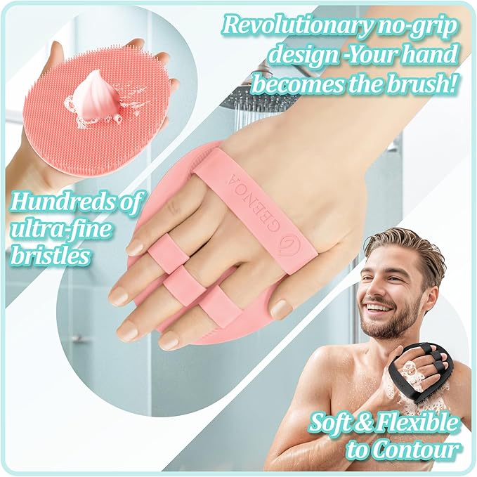 Soft Silicone Bath Glove & Face Scrubber Set 2PCS, 360° Anti-Slip & Hand-fit Body Scrubber for Rich Foaming Deep Cleaning, Unique Facial Scrubber with Side-bristles for Contoured Areas.(Pink)