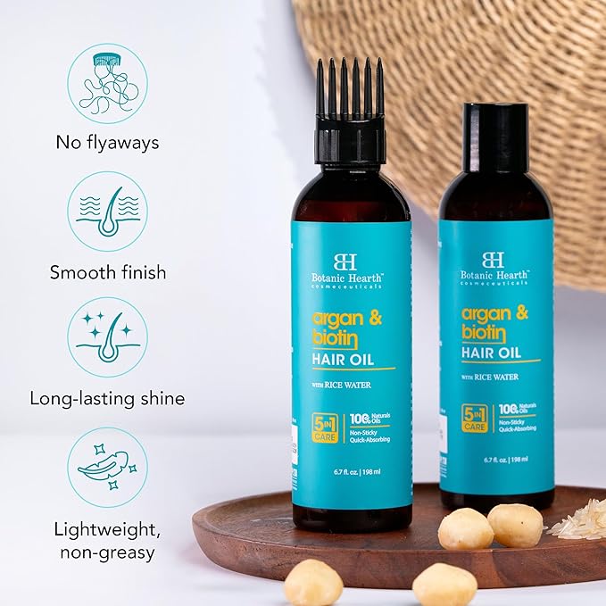 Botanic Hearth Argan & Biotin Oil to Tame Frizz and Add Shine (6.7 fl oz)|Nourishing and Strengthening Hair Treatment for Thicker, Healthier|Looking Hair | Paraben Free | Suitable for All Hair Types