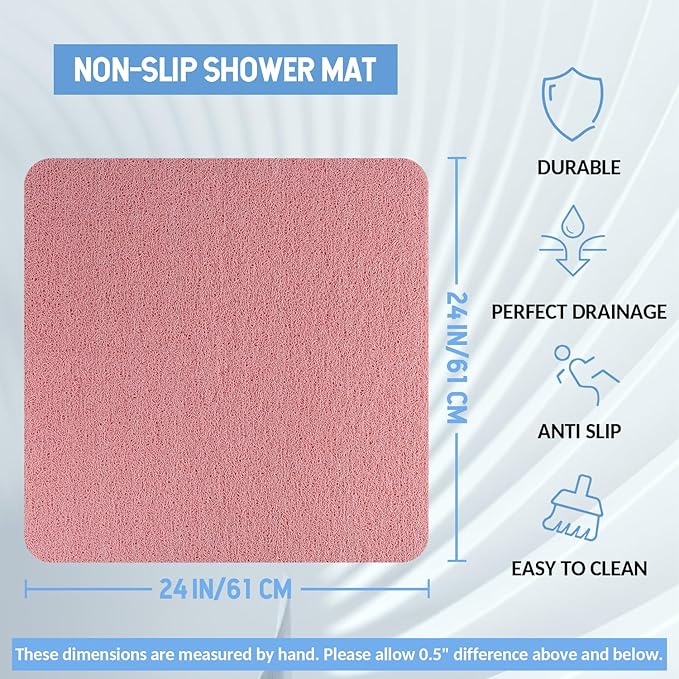 Non-Slip Bathtub Mat, Anti Slip Shower Mat, Fast Drying Bathtub Mats, Foot Scrubber Mat, Anti Slip Mat for Tub, Floor, Bathroom, Kitchen, Home, Hotel (Pink 24"×24")