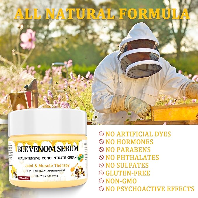 Natural Organic NZL Bee Venom Professional Serum Care, Joint & Muscle & Bone Cream Gel - for Back, Neck, Hand, Foot, Knee, Muscle, Shoulder, Hip, Nerve, Vitamin B6, Aloe Vera, Adult, Elderly