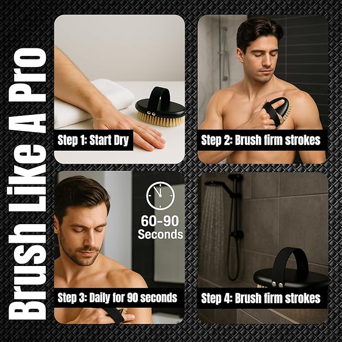 Dry Brush for Men – Firm bristles, Black Non-Slip Handle, exfoliating Body Tool for Dry Brushing and Lymphatic Drainage