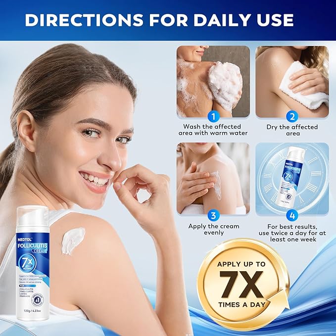 Folliculitis Treatment Cream, 7X Fast-Acting Antibacterial Ointment for Scalp, Face & Body, Relieves Itching, Redness & Bumps, Intensive Skin Therapy – 120g