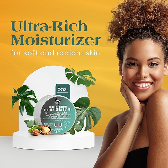 RA COSMETICS - 100% Whipped Unrefined Moisturizing African Shea Butter 6 oz Eucalyptus Ultimate Skin Moisturizer