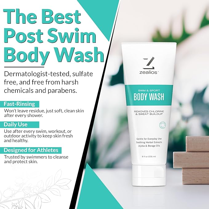 Zealios Swim & Sport Body Wash for Swimmers & Athletes 8oz, Skin Care Solution for Men & Women, Removes Chlorine, Sweat & Odor, Provides Cleansing and Hydration from Pool Chemicals, Light Citrus Scent