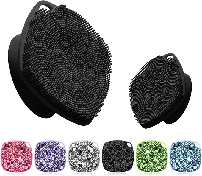 Silicone Body Scrubber with Suction Cup, Gentle Texture Exfoliating Body Scrubber for Men and Women On Sensitive Skin, Build Up Lather, Deep Skin Clean (Body+ Face Scrubber Black)