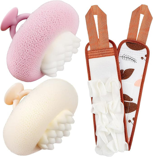 Deep Exfoliating Bath Set 3PCS: 2 Super Soft Sunflower Suction Cup Bath Balls, & 2-in-1 Long Exfoliating Shower Towel, Body & Back Scrubber Exfoliator, Body Massage Scrub & Shower Loofah Sponge