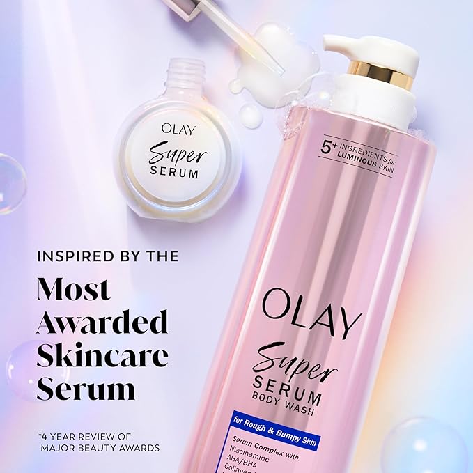 Olay Super Serum Body Wash for Rough & Bumpy Skin, Hydrating & Renewing Serum Complex with Exfoliating Minerals for Luminous Skin, 18.5 fl oz