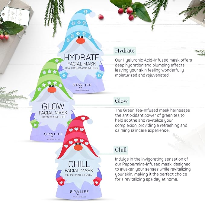 SpaLife Holiday Gnome Facial Masks 9 Pack | Sheet Masks for Skin Rejuvenation, Hydration and Moisturizing Variety Pack | Korean Skin Care Mask, Christmas Face Mask Set