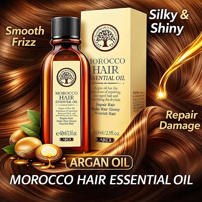LAIKOU Moroccan Argan Hair Oil – Lightweight Leave-In Smoothing Oil for Dry, Frizzy & Damaged Hair, Anti-Frizz Shine, Split Ends Care, Heat Protection – 60ml / 2.1 fl oz