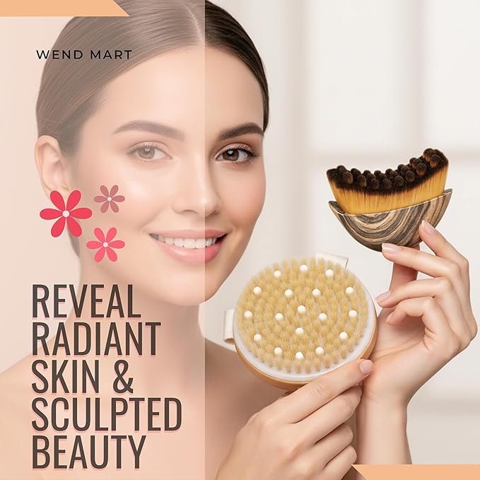2 in 1 Dry Brushing Body & Face Contour Brush Set – Natural Boar Bristle Body Brush for Lymphatic Drainage, Cellulite & Exfoliation + Soft Facial Brush for Jawline Sculpting & Puffiness
