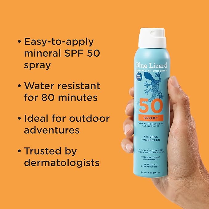 BLUE LIZARD Sport Mineral Sunscreen Spray SPF 50+, Dermatologist-Recommended Brand, Broad-Spectrum UVA/UVB Protection, Water-Resistant, Zinc Oxide Formula, Vegan, 5 fl oz