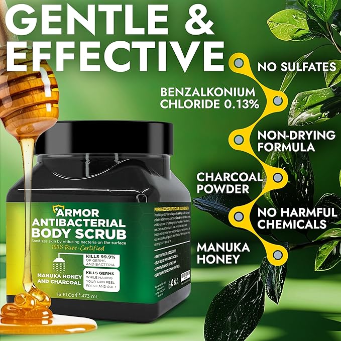 Antibacterial Body Scrub | Manuka Honey & Charcoal | Kills 99.9% of Germs & Bacteria | Body Scrub Exfoliator Deep Cleansing & Purifying for Smooth, Fresh & Soft Skin | 16 fl oz