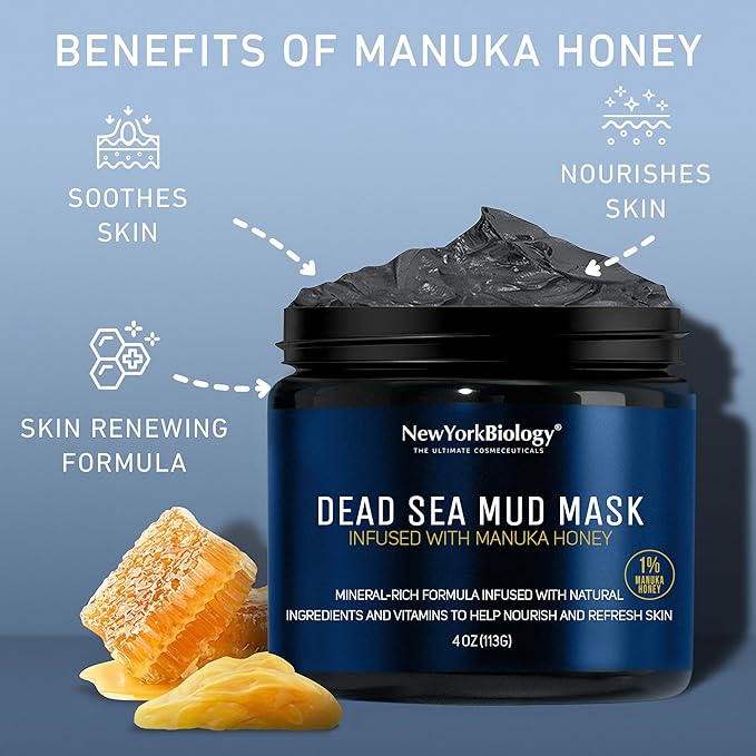 New York Biology Dead Sea Mud Mask for Face and Body | with Manuka Honey | Spa Quality Pore Refiner for Oily Skin | Natural Skincare for Women & Men | Tighten Skin for A Healthier Complexion | 4 oz